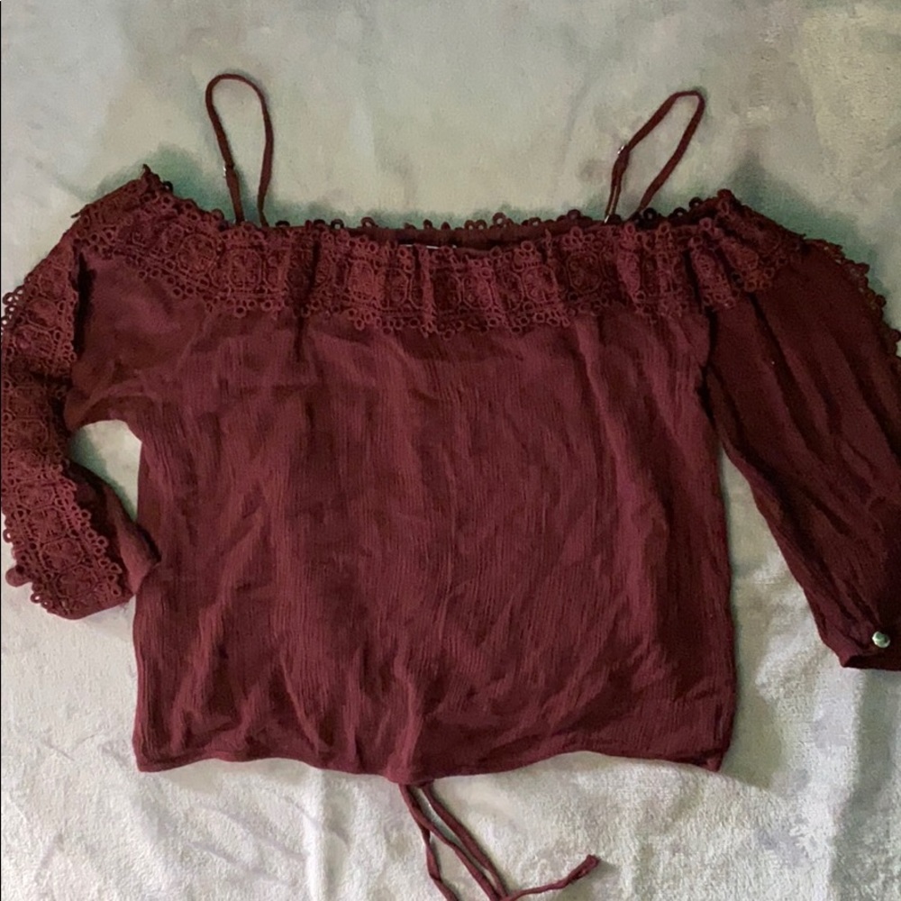 Burgundy embroidered off the shoulder crop top